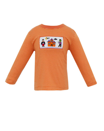 Looking for the perfect Halloween shirt? Look no further than our orange stripe knit shirt! With long sleeves and a smocked detail in a fun Halloween motif, this shirt is both festive and comfortable. Add it to your wardrobe for a stylish and spooky look this season!