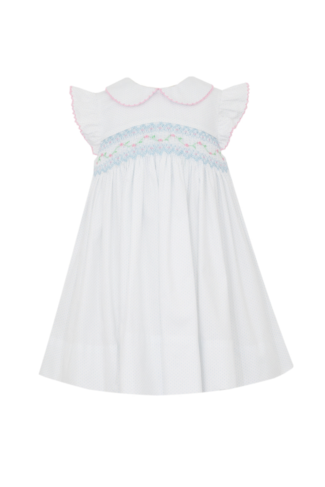 This adorable Camille Polka Dot Smocked Dress from Petit Bebe is perfect for your toddler girl. With its charming small blue polka dot pattern, delicate pink embroidery, and classic peter pan collar, it's sure to be a favorite. The smocked bodice adds a touch of vintage charm while providing a comfortable and adjustable fit. Dress up your little one in style with this sweet and stylish dress.