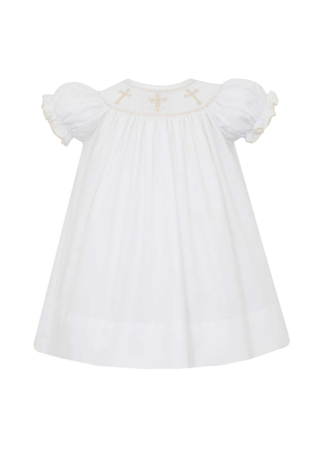 Transform your little girl into an angel with our White Bishop Dress from Petit Bebe. This stunning dress features intricate embroidered gold crosses, adding a touch of elegance to any special occasion. Made for toddler girls, it's the perfect blend of style and comfort.