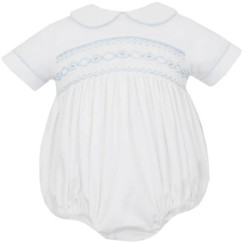 The George Smocked Knit Bubble from Petit Bebe is the perfect addition to your baby boy's wardrobe. The blue piping detail adds a touch of charm, while the smocked bodice ensures a comfortable fit. With a classic peter pan collar, this bubble is both stylish and functional for any occasion.