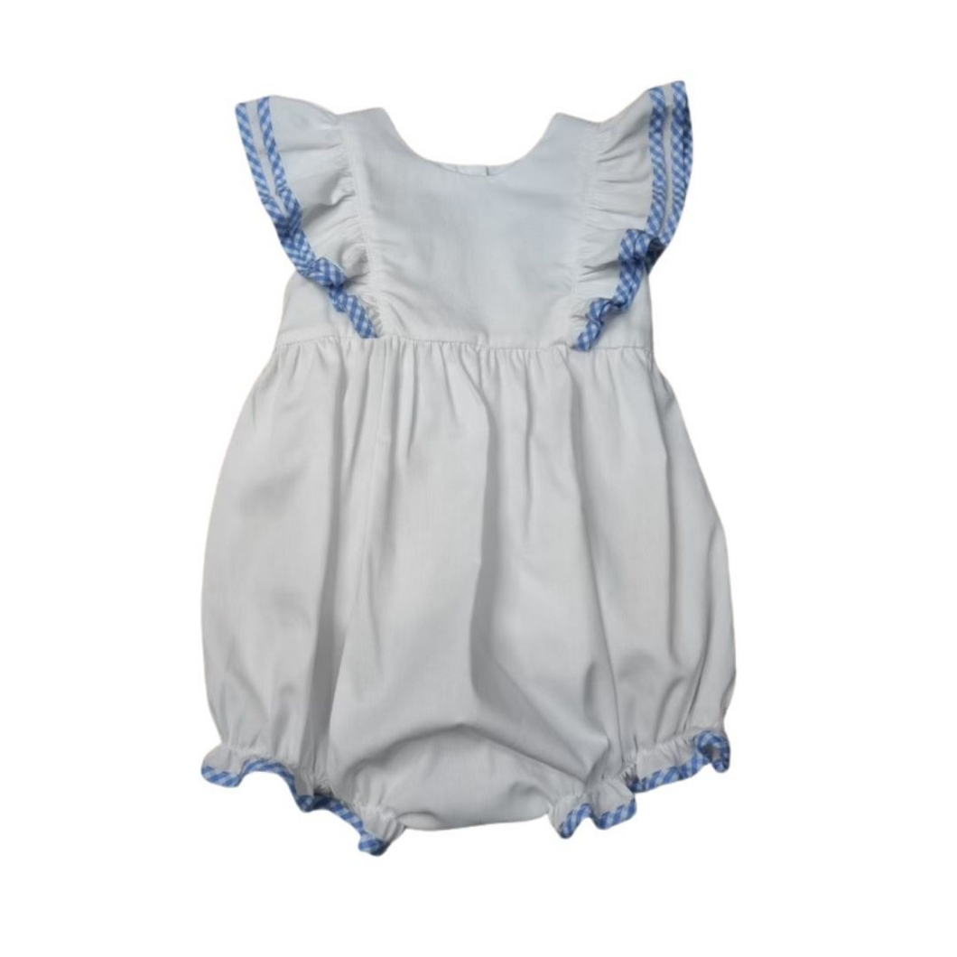 Delaney's White Pique Apron Ruffle Bubble for infant girls. Featuring adorable ruffles and charming blue check details, this bubble is perfect for adding a personalized touch with a monogram. Make your little one stand out in style and grab the matching girl's toddler dress for a sibling match!