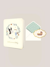 Load image into Gallery viewer, Welcome Baby Stork Greeting Card is perfect to add to your gift wrapped item!
