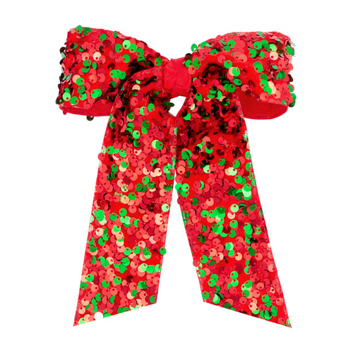 Add some sparkle to your outfit with our Large Sequins Red & Green Bow with Tails from Wee Ones. Perfect for special occasions or just to add some fun to your everyday look. The large size and vibrant colors will make you stand out, while the high-quality materials ensure durability.