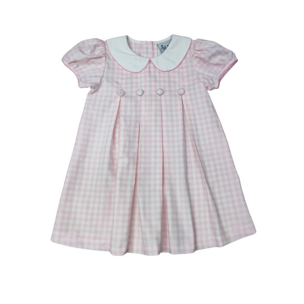 Elevate your toddler girl's wardrobe with our charming Pink Check Pleat Collar Dress from Delaney. Sweet pleats, delicate peter pan collar, and soft pink and white gingham pattern make it a perfect addition to any occasion. Classic, yet stylish, it's a must-have for your little one!