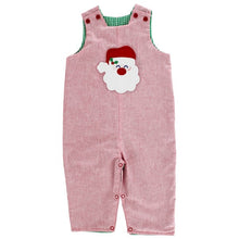 Load image into Gallery viewer, Get your little one ready for the holidays with our Boys Reversible Santa-Train Jon Jon. Featuring a festive Santa applique on one side and a cool Fire Truck design on the other, this versatile outfit is perfect for Christmas and beyond. Made with a cozy heathered fabric in red and green, it&#39;s sure to keep your toddler comfortable all day long.
