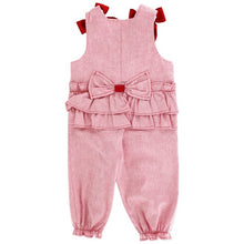 Load image into Gallery viewer, Dress your little one in festive style with our Girls Tie Shoulder Santa Long Romper. This adorable heathered red romper features a cute Santa applique and classic shoulder ties. The back accent includes a bow and ruffles for an extra touch of charm. Match with our toddler boys Santa Jon Jon for a coordinated holiday look. From Bailey Boys.
