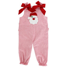 Load image into Gallery viewer, Dress your little one in festive style with our Girls Tie Shoulder Santa Long Romper. This adorable heathered red romper features a cute Santa applique and classic shoulder ties. The back accent includes a bow and ruffles for an extra touch of charm. Match with our toddler boys Santa Jon Jon for a coordinated holiday look. From Bailey Boys.
