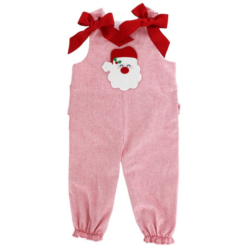 Dress your little one in festive style with our Girls Tie Shoulder Santa Long Romper. This adorable heathered red romper features a cute Santa applique and classic shoulder ties. The back accent includes a bow and ruffles for an extra touch of charm. Match with our toddler boys Santa Jon Jon for a coordinated holiday look. From Bailey Boys.