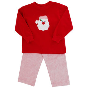 This Boys Santa Pant Set is perfect for the holiday season. The red top features an adorable Santa applique, while the heathered red twill pants provide a coordinating and stylish look. Your little one will look festive and comfortable in this set.