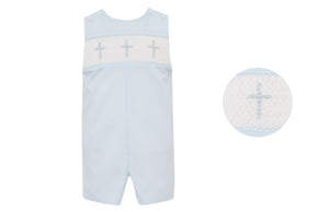 This classic and stylish Blue Batiste Cross Jon Jon from Anavini is perfect for your little one's Easter and other religious events. Made for toddler boys, it features a light blue batiste material with a smocked and embroidered blue cross design, making it both comfortable and appropriate for any occasion.