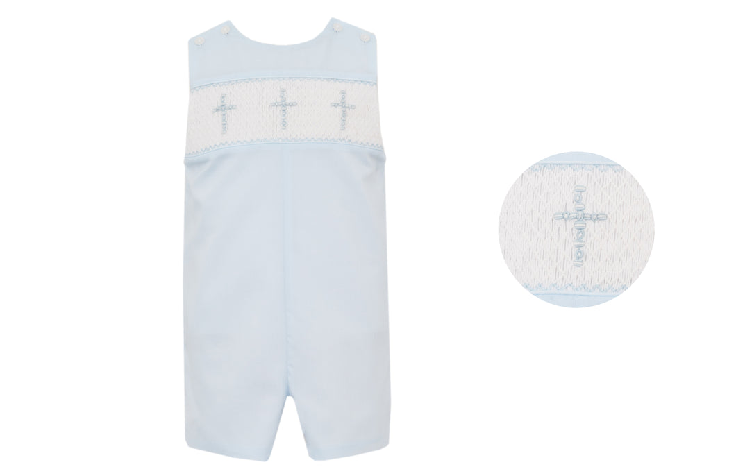 This classic and stylish Blue Batiste Cross Jon Jon from Anavini is perfect for your little one's Easter and other religious events. Made for toddler boys, it features a light blue batiste material with a smocked and embroidered blue cross design, making it both comfortable and appropriate for any occasion.