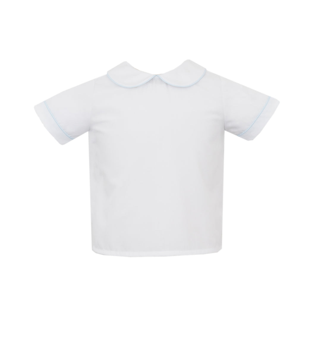 Upgrade your little one's wardrobe with our Boys Twill Shirt with Blue Piping. Made from soft white poplin, this shirt features a charming peter pan collar and subtle light blue piping detail. Perfectly pairs with our light blue Jon Jon's for a complete, stylish look.