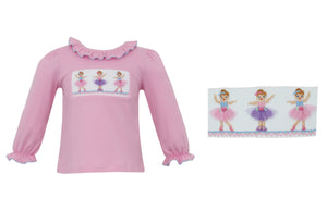 Dress your little dancer in the playful and stylish Ballerina Pink Knit T-Shirt. The ruffle collar and long sleeves offer warmth and comfort, while the ballerina smocking detail adds a touch of charm. Perfect for any occasion, this knit shirt is a must-have for your child's wardrobe.