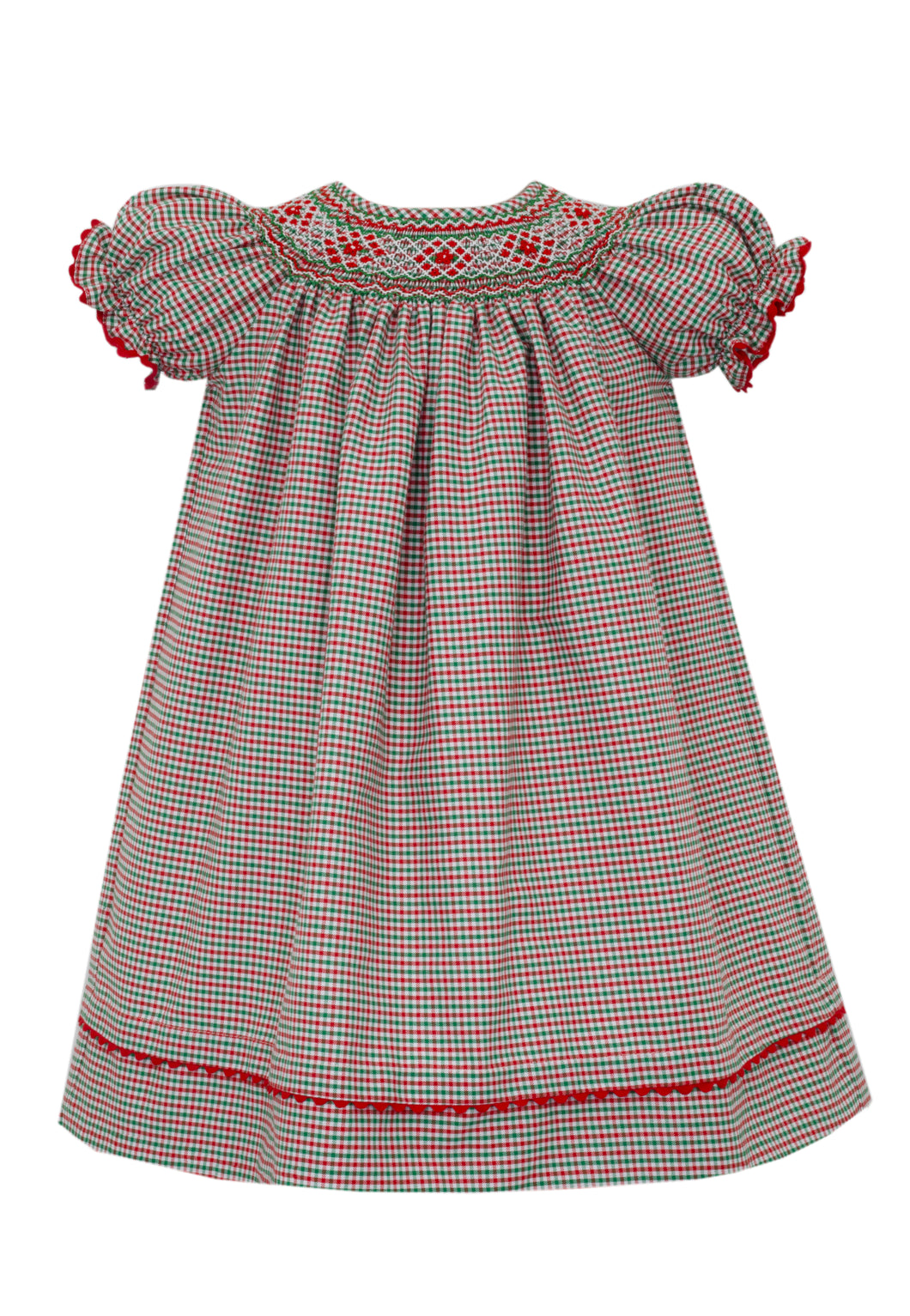 Dress your little one in holiday charm with our Red & Green Gingham Bishop Dress from Anavini. With a smocked collar, short sleeves, and timeless style, this dress is perfect for the season. Get the classic look you love while keeping your toddler comfortable and stylish.