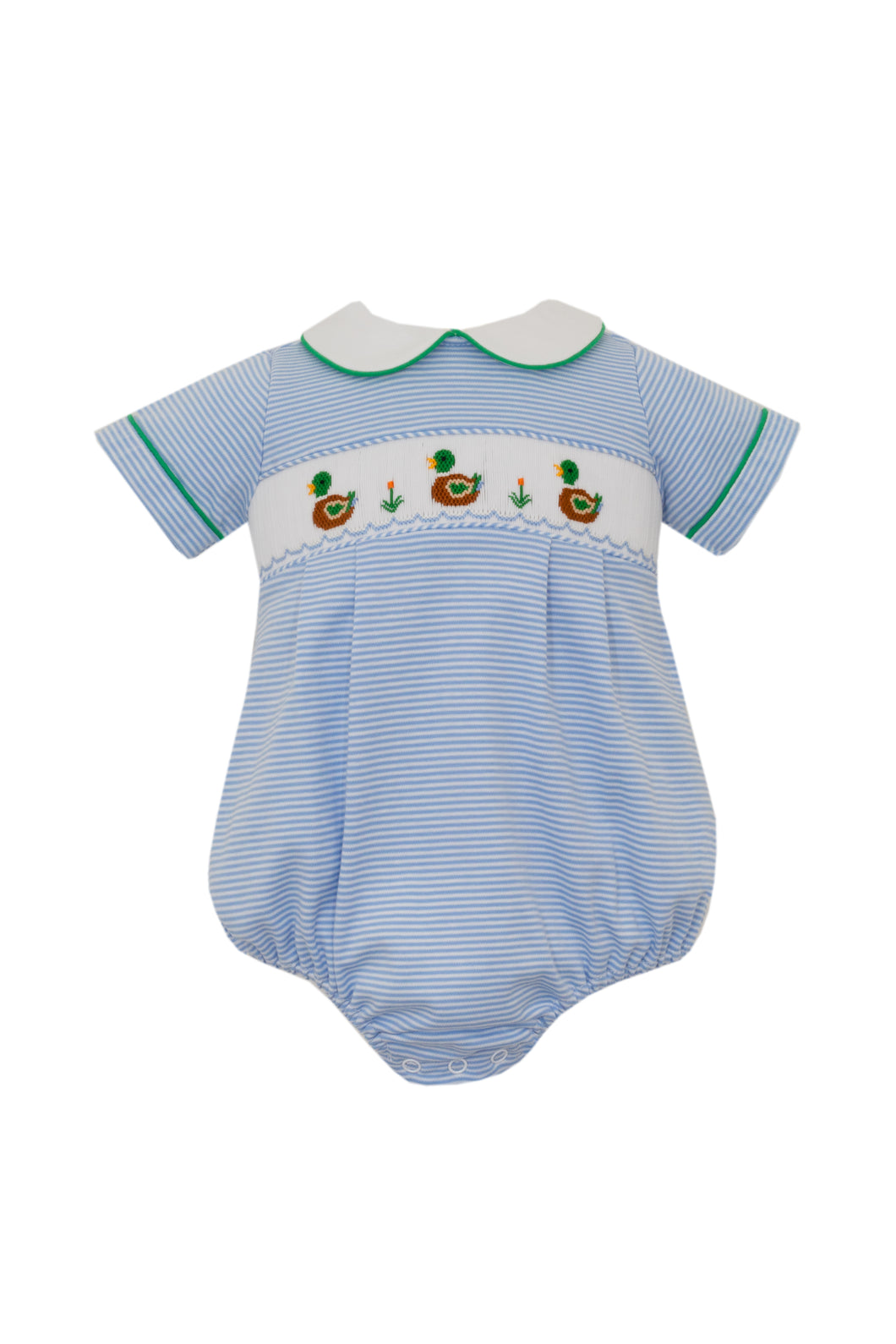 Introduce your little one to the wonders of nature with our Mallard Duck Blue Stripe Knit Bubble! Made for infant boys, this short sleeve knit bubble features a cute Mallard Duck design and classic blue stripes. Soft and comfortable, it's perfect for your little adventurer.