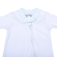 Load image into Gallery viewer, Magnolia Baby Mini Stripes Blue Zipper Footie Pajamas
