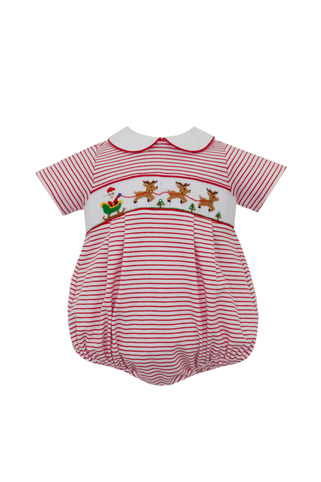 Welcome your little one to the holiday season with this charming Boy's Santa's Sleigh Bubble from Petit Bebe. Adorned with a classic, smocked detail featuring Santa's Sleigh and peter pan collar, this bubble is perfect for any holiday celebrations. Keep them comfortable and festive all season long.