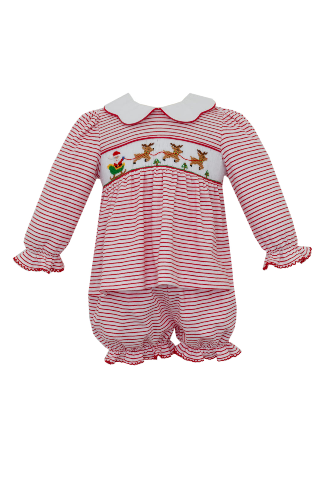 Welcome your little one to the holiday season with this charming Girl's Santa's Sleigh Striped Bloomer Set from Petit Bebe. Adorned with a classic, smocked detail featuring Santa's Sleigh and peter pan collar, this tunic and bloomer set is perfect for any holiday celebrations. Keep them comfortable and festive all season long.