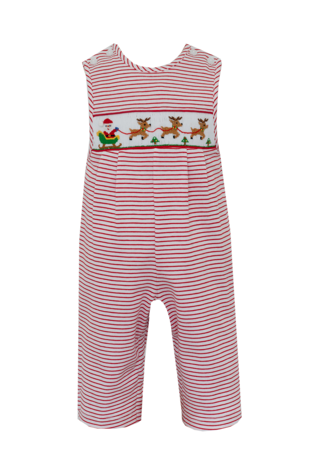 Welcome your little one to the holiday season with this charming Boy's Santa's Sleigh Jon Jon from Petit Bebe. Adorned with a classic, smocked detail featuring Santa's Sleigh, this Jon Jon is perfect for any holiday celebrations. Keep them comfortable and festive all season long.