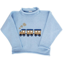 Load image into Gallery viewer, bailey boys roll neck sweater blue with train design
