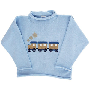 bailey boys roll neck sweater blue with train design