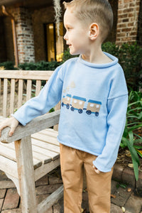 bailey boys roll neck sweater blue with train desig