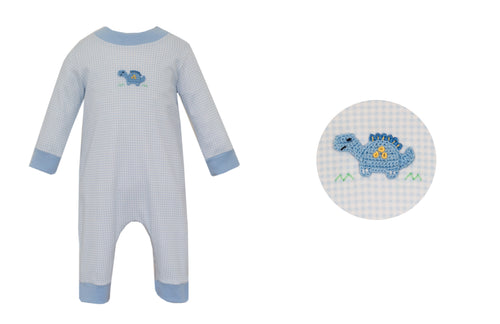 Looking for the perfect everyday outfit for your little dino-loving boy? Look no further than our Blue Gingham Dinosaur Long Romper! With its adorable blue gingham pattern and cute dinosaur applique, it's sure to be a hit with your little one. Comfortable and stylish, it's the ideal choice for any day.