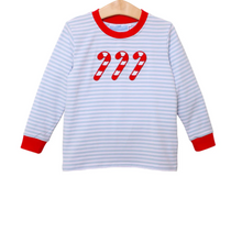 Load image into Gallery viewer, Give your little boy the cutest holiday look with our Candy Cane Play Shirt from Trotter Street Kids. Featuring blue and white stripe details and a playful candy cane applique, this romper is perfect for holiday gatherings. Match with the Candy Cane Sibling Collection for an adorable and coordinated look.
