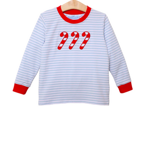 Give your little boy the cutest holiday look with our Candy Cane Play Shirt from Trotter Street Kids. Featuring blue and white stripe details and a playful candy cane applique, this romper is perfect for holiday gatherings. Match with the Candy Cane Sibling Collection for an adorable and coordinated look.