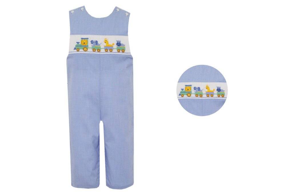 Introduce your little one to the world of animals with our Animal Train Blue Gingham Long Jon Jon! This adorable toddler bishop features an embroidered animal train design and a classic blue gingham pattern. Perfect for playdates or special occasions, it's both fun and stylish for your little boy.