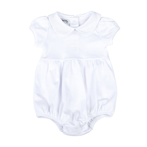 Give your little one a stylish and meaningful look with our Infant Blessed Bubble from Magnolia baby. This adorable bubble features a classic peter pan collar, white cross embroidery detail to symbolize blessings. Dress them in comfort and style for any Baptism and religious occasion.