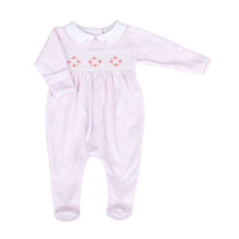 Load image into Gallery viewer, This adorable Lily &amp; Logan Smocked Collared Footie is perfect for your little girl. Made by Magnolia Baby, it features delicate smocking and a cute pink collar, making it both stylish and comfortable. Keep your little one cozy and stylish in this sweet footie.
