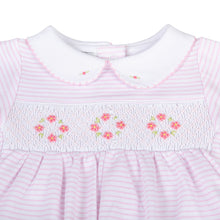 Load image into Gallery viewer, This adorable Lily &amp; Logan Smocked Collared Footie is perfect for your little girl. Made by Magnolia Baby, it features delicate smocking and a cute pink collar, making it both stylish and comfortable. Keep your little one cozy and stylish in this sweet footie.
