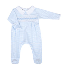 Load image into Gallery viewer, This classically adorable Lily &amp; Logan Smocked Collared Footie is perfect infant boys. Made by Magnolia Baby, it features delicate smocking and a cute blue detail, making it both stylish and comfortable. Keep your little one cozy and stylish in this sweet footie.
