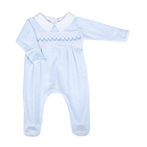 This classically adorable Lily &amp; Logan Smocked Collared Footie is perfect infant boys. Made by Magnolia Baby, it features delicate smocking and a cute blue detail, making it both stylish and comfortable. Keep your little one cozy and stylish in this sweet footie.