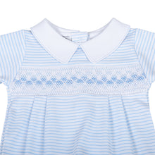 Load image into Gallery viewer, This classically adorable Lily &amp; Logan Smocked Collared Footie is perfect infant boys. Made by Magnolia Baby, it features delicate smocking and a cute blue detail, making it both stylish and comfortable. Keep your little one cozy and stylish in this sweet footie.
