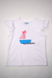 Elevate your little girl's style with our Sailboat Angel Sleeve Tee from Funtasia Too! Adorned with a charming sailboat applique and delicate flutter sleeves, this tee is perfect for any summer day. Complete the adorable outfit with our Ruffle Navy Check Shorts.