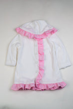 Load image into Gallery viewer, The Ruffle Terry Hooded Coverup from Funtasia Too is perfect for your little one! Available in both pink and blue, this adorable coverup features ruffle details on a white terry fabric. Keep your child cozy and stylish whether at the pool, beach, or bath time.
