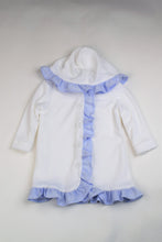 Load image into Gallery viewer, The Ruffle Terry Hooded Coverup from Funtasia Too is perfect for your little one! Available in both pink and blue, this adorable coverup features ruffle details on a white terry fabric. Keep your child cozy and stylish whether at the pool, beach, or bath time.
