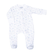 Load image into Gallery viewer, Get ready to hop into cuteness with our Bunny Hop Blue Zipper Footie from Magnolia Baby! This adorable footie features blue and white bunnies hopping all over, while the 2 way zipper makes diaper changes a breeze. Keep your little one cozy and stylish in this must-have piece.
