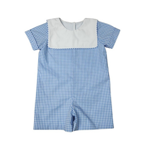 Elevate your toddler's wardrobe with Delaney's Boys Blue Check Classic Shortall! Classic blue and white gingham print, complete with a white square collar that can be personalized with a monogram. Perfect for any occasion, this shortall is both stylish and practical. Make your little one stand out with this charming romper!