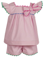 Load image into Gallery viewer, Introducing the Annie Bow Pantaloon Set from The Yellow Lamb, a must-have for infant &amp; toddler girls. This light pink set features a beautiful bow on one shoulder with colorful ric rac detail. Dress up your little one in style and complete the look for sisters with the matching dress for toddler and big girls.
