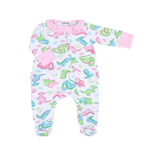 Keep your baby snug and stylish in our Dino Dreams Zipper Footie Pajamas! Made by Magnolia Baby, these adorable pajamas feature ruffle details in a soft pink hue. Perfect for your little girl to sleep and play in.