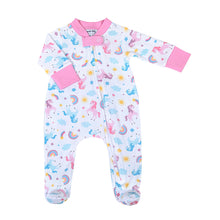 Load image into Gallery viewer, Introducing our Magnolia Baby zipper footie pajamas in the enchanting &quot;Unicorn Magic&quot; print for infant girls. Made with soft, high-quality materials, these pajamas are designed for comfort and ease of use. Your little one will sleep soundly and look magical in these adorable footies.
