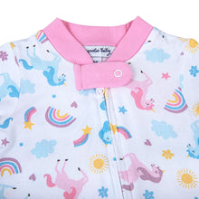 Load image into Gallery viewer, Introducing our Magnolia Baby zipper footie pajamas in the enchanting &quot;Unicorn Magic&quot; print for infant girls. Made with soft, high-quality materials, these pajamas are designed for comfort and ease of use. Your little one will sleep soundly and look magical in these adorable footies.
