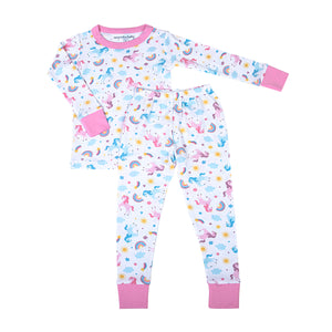 Introducing our Magnolia Baby 2 piece pajamas for girls, in the enchanting "Unicorn Magic" print for girls. Made with soft, high-quality materials, these pajamas are designed for comfort and ease of use. Your little one will sleep soundly and look magical in these adorable pajamas.