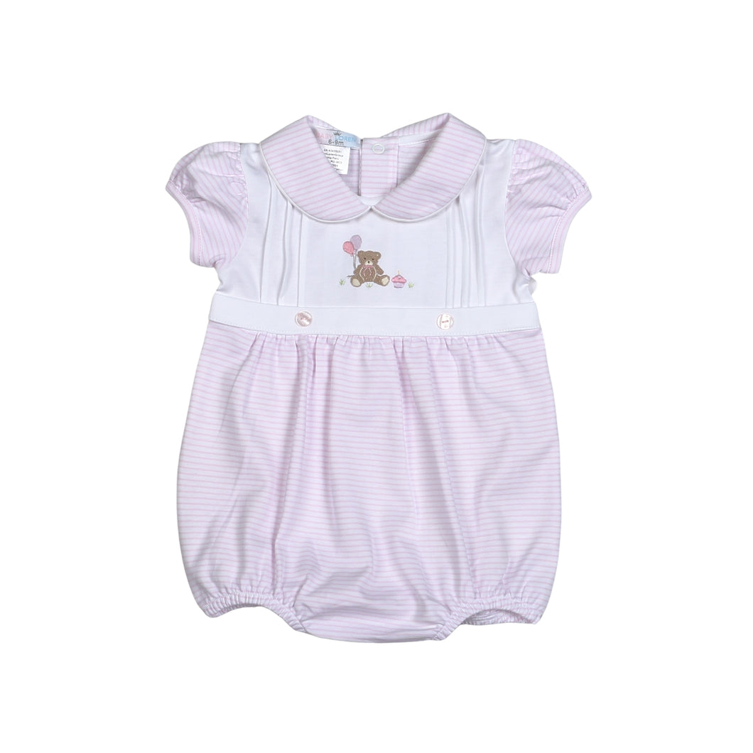 This adorable Birthday Bear Pink Bubble from Baby Loren is perfect for celebrating your little one's special day! The soft pink fabric adds a touch of sweetness while the embroidered birthday bear adds a charming touch. Your child will look and feel great while attending any birthday party!