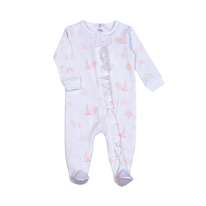 This Baby Girl Toile Pima Zipper Footie from Baby Loren is the perfect outfit for your newborn baby girl. With a classic pink toile design featuring a stork and baby carriage, this footie is both stylish and comfortable. Made from soft Pima cotton, it is sure to keep your baby cozy and warm. Dress your little one in style with this charming footie.