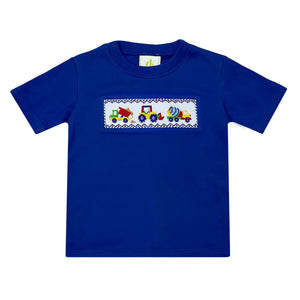 The Construction Smocked Play Tee is perfect for little ones who love to play with construction vehicles. This royal blue tee features a detailed smocked design of a construction vehicle on the front, making it both fun and stylish. Pair it with our Blue Striped Seersucker Leo Shorts for a complete look for toddler boys.