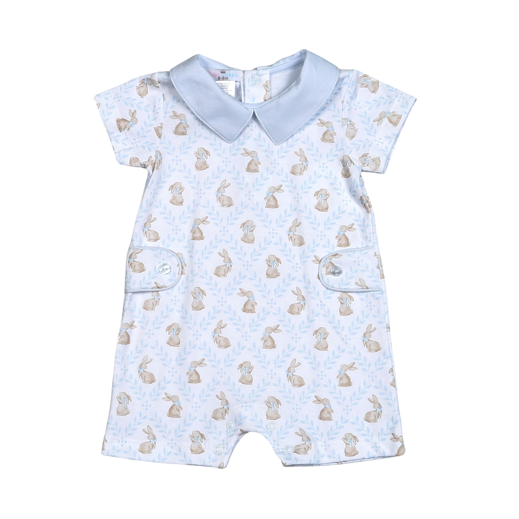 Introducing our Blue Pima Easter Bunnies Shortall, perfect for your little boy this Easter! Made with 100% pima cotton, this shortall features a cute peter pan collar, soft blue color, and adorable bunny designs. Comfortable and stylish, your little one will love hopping around in this outfit.